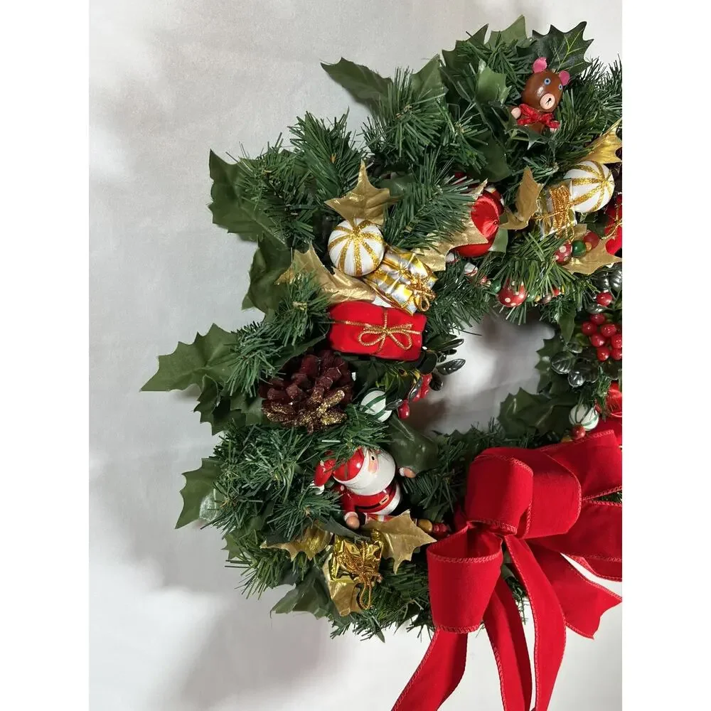 Vintage 16” Christmas Wreath Wood Beads Santa Bear Mouse Velvet Bow Gold & Red